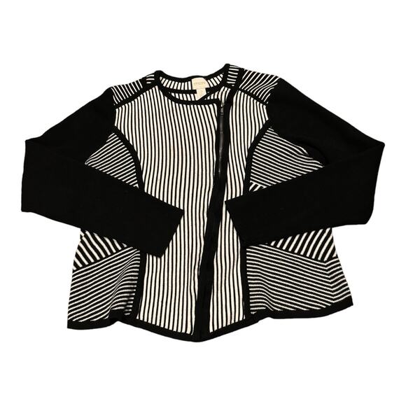 Chico's Natania Black/White Stripe asymmetrical Zip Up Cardigan Sweater size 12 - Picture 14 of 15
